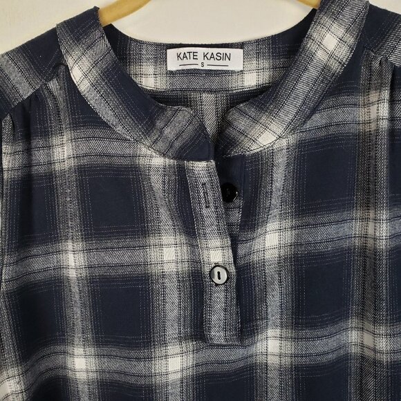 Kate Kasin Flannel Tunic Popover Shirt Dress Blue Gray Plaid Womens Size Small - Picture 3 of 6